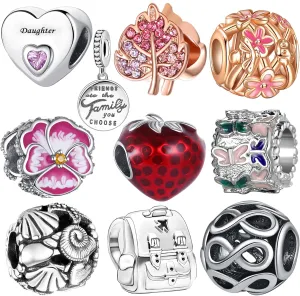 10 Pack Silver Bead Charms for Pandora Bracelets and Necklaces Charm for Woman Cubic Zirconias Dangle Pendant Jewelry Beads Set Rose Gold Leaf Butterfly Family Strawberry