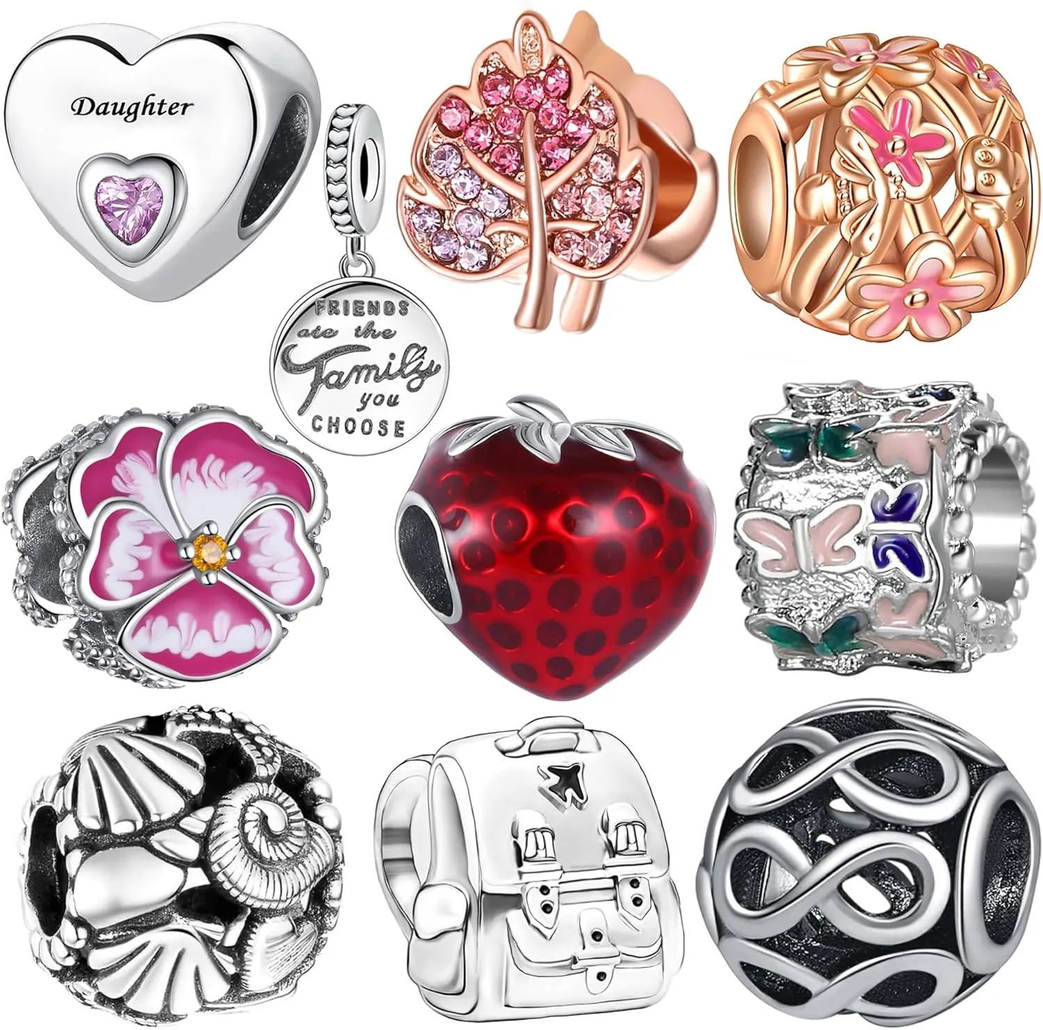 10 Pack Silver Bead Charms for Pandora Bracelets and Necklaces Charm for Woman Cubic Zirconias Dangle Pendant Jewelry Beads Set Rose Gold Leaf Butterfly Family Strawberry