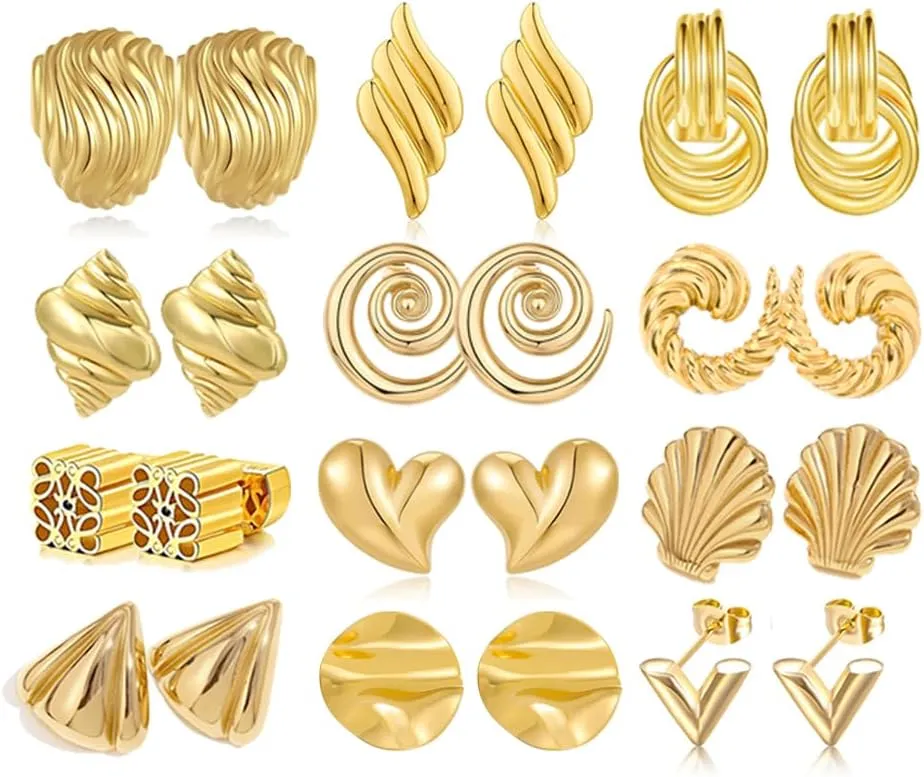12 Pairs Gold Silver Statement Geometric Textured Earrings Spiral Earrings Chunky Trendy Knot Stud Long Twisted Link Earring Jewelry Set for Women