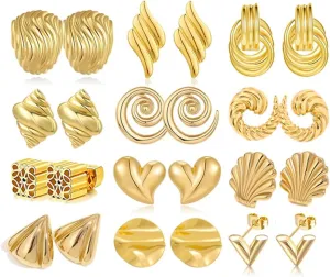 12 Pairs Gold Silver Statement Geometric Textured Earrings Spiral Earrings Chunky Trendy Knot Stud Long Twisted Link Earring Jewelry Set for Women