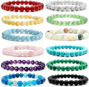 12 PCS Gemstone 8mm Round Beaded Bracelet Set Healing Crystal Stone Stretch Bracelets for Women Men Round Beads Elastic Bracelets