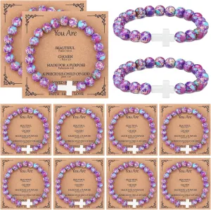 12 Pieces Cross Beaded Bracelet for Women Christian Natural Stone Gifts Bulk with Bible Card for Easter Mom Friend