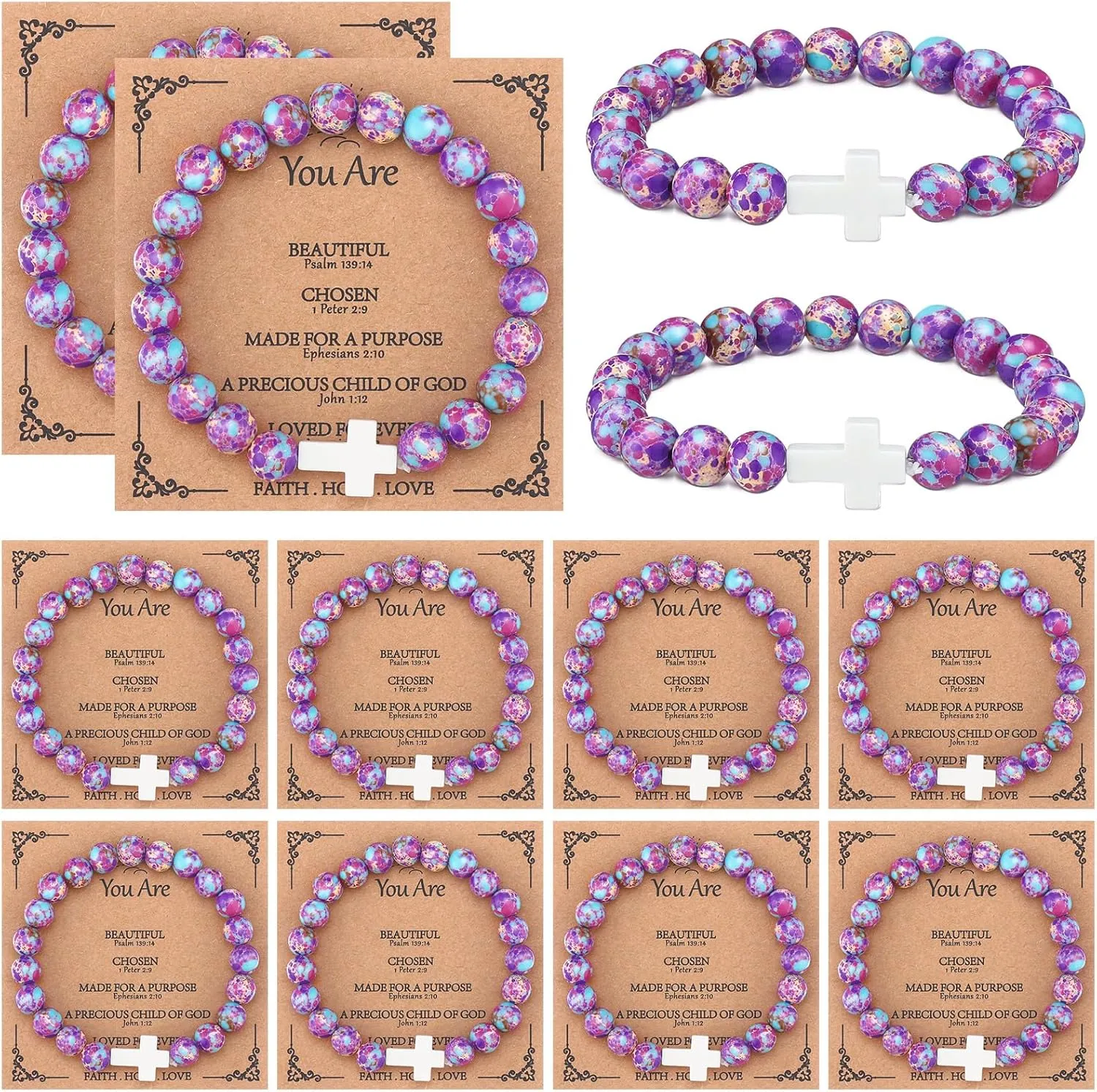 12 Pieces Cross Beaded Bracelet for Women Christian Natural Stone Gifts Bulk with Bible Card for Easter Mom Friend