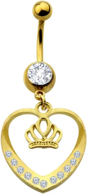 14G Belly Button Rings Cute, Stainless Steel Navel Rings for Women Gold Heart Shaped Crown with Cubic Zirconia