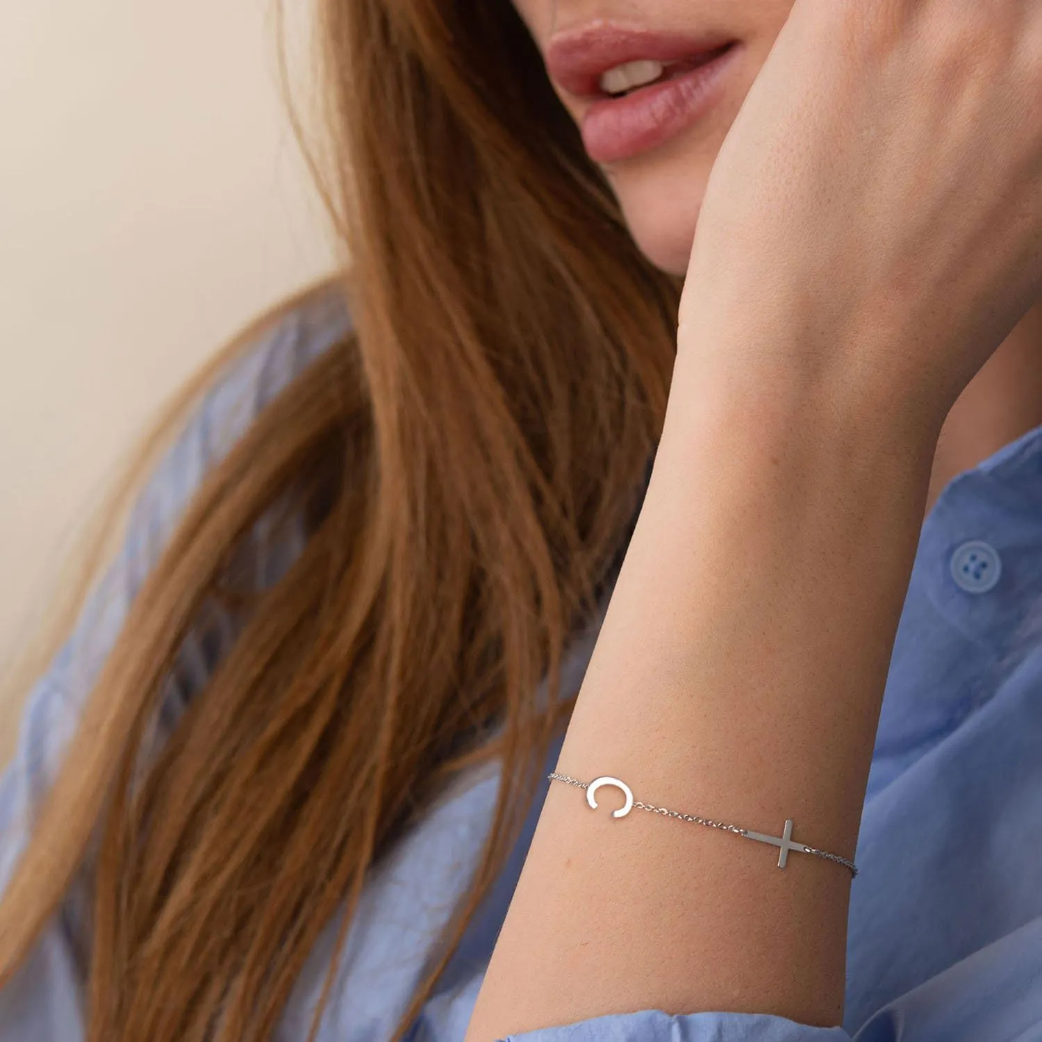 14K Gold Filled Initial Cross Bracelet,Sterling Silver Cross Bracelet Minimalist Tiny A-Z Letter Gold Chain Bracelet For Women Dainty Cross Jewelry Christian Gifts