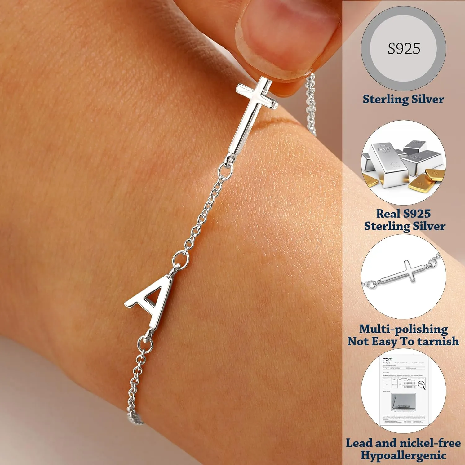 14K Gold Filled Initial Cross Bracelet,Sterling Silver Cross Bracelet Minimalist Tiny A-Z Letter Gold Chain Bracelet For Women Dainty Cross Jewelry Christian Gifts