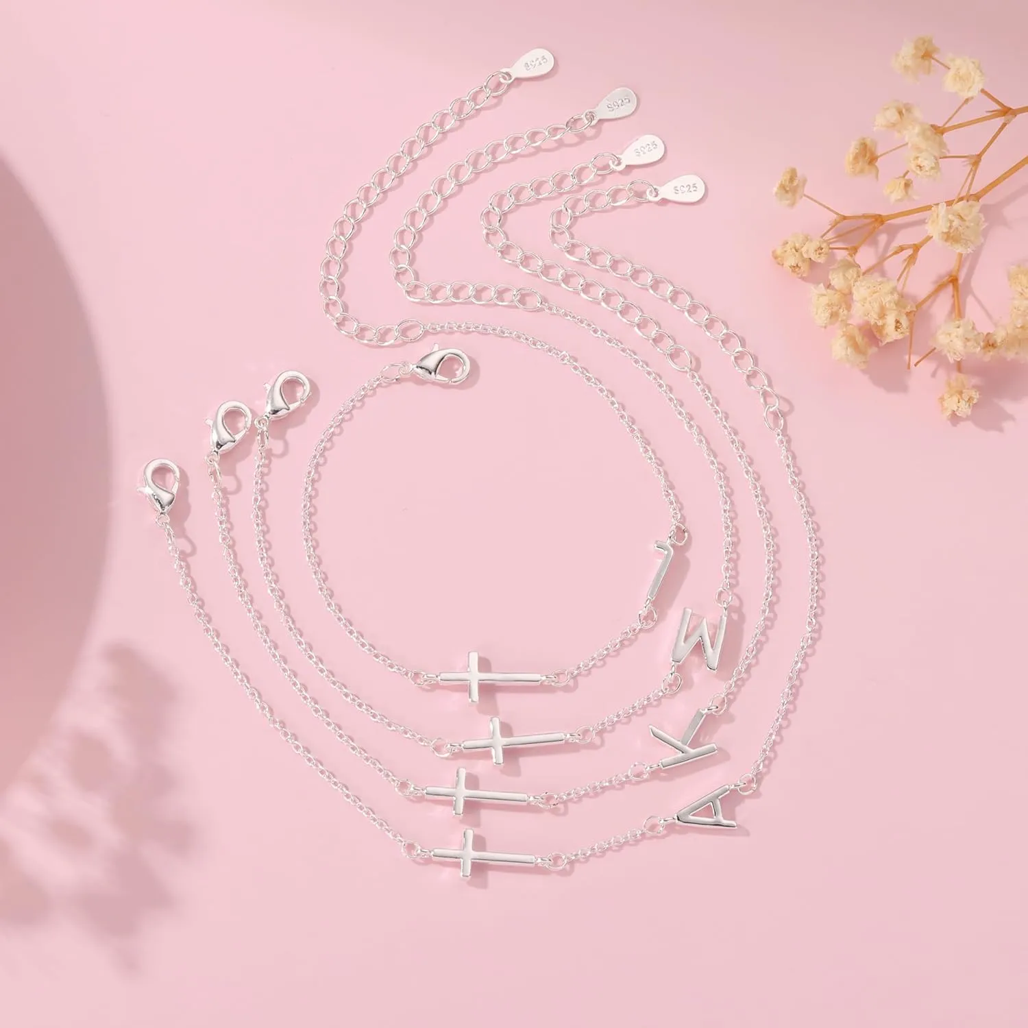 14K Gold Filled Initial Cross Bracelet,Sterling Silver Cross Bracelet Minimalist Tiny A-Z Letter Gold Chain Bracelet For Women Dainty Cross Jewelry Christian Gifts