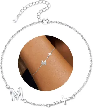 14K Gold Filled Initial Cross Bracelet,Sterling Silver Cross Bracelet Minimalist Tiny A-Z Letter Gold Chain Bracelet For Women Dainty Cross Jewelry Christian Gifts