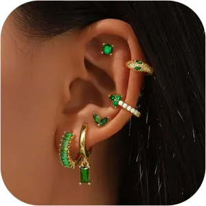 14K Gold Hoop Earrings for Women 6 Pairs Emerald Green Earrings Dainty Small Hoop Earrings Stud Earrings Sets for Multiple Piercing