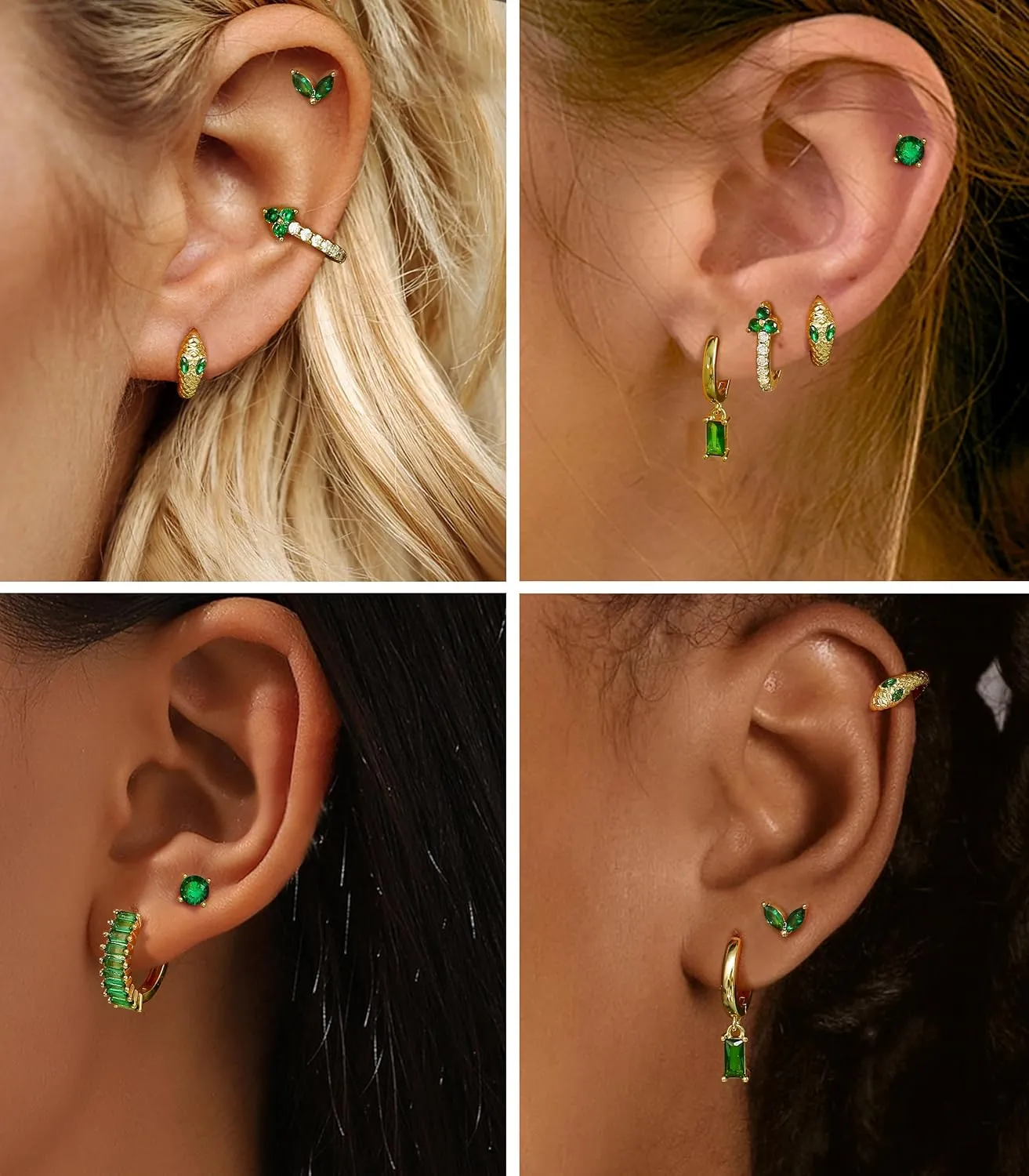 14K Gold Hoop Earrings for Women 6 Pairs Emerald Green Earrings Dainty Small Hoop Earrings Stud Earrings Sets for Multiple Piercing
