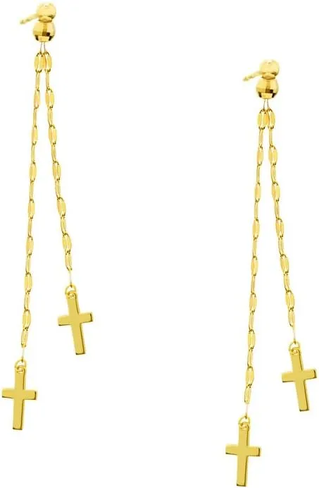 14k Yellow Gold Dangle High Polish Religious Faith Cross Double Strand Earrings-Dangle Earring for Women