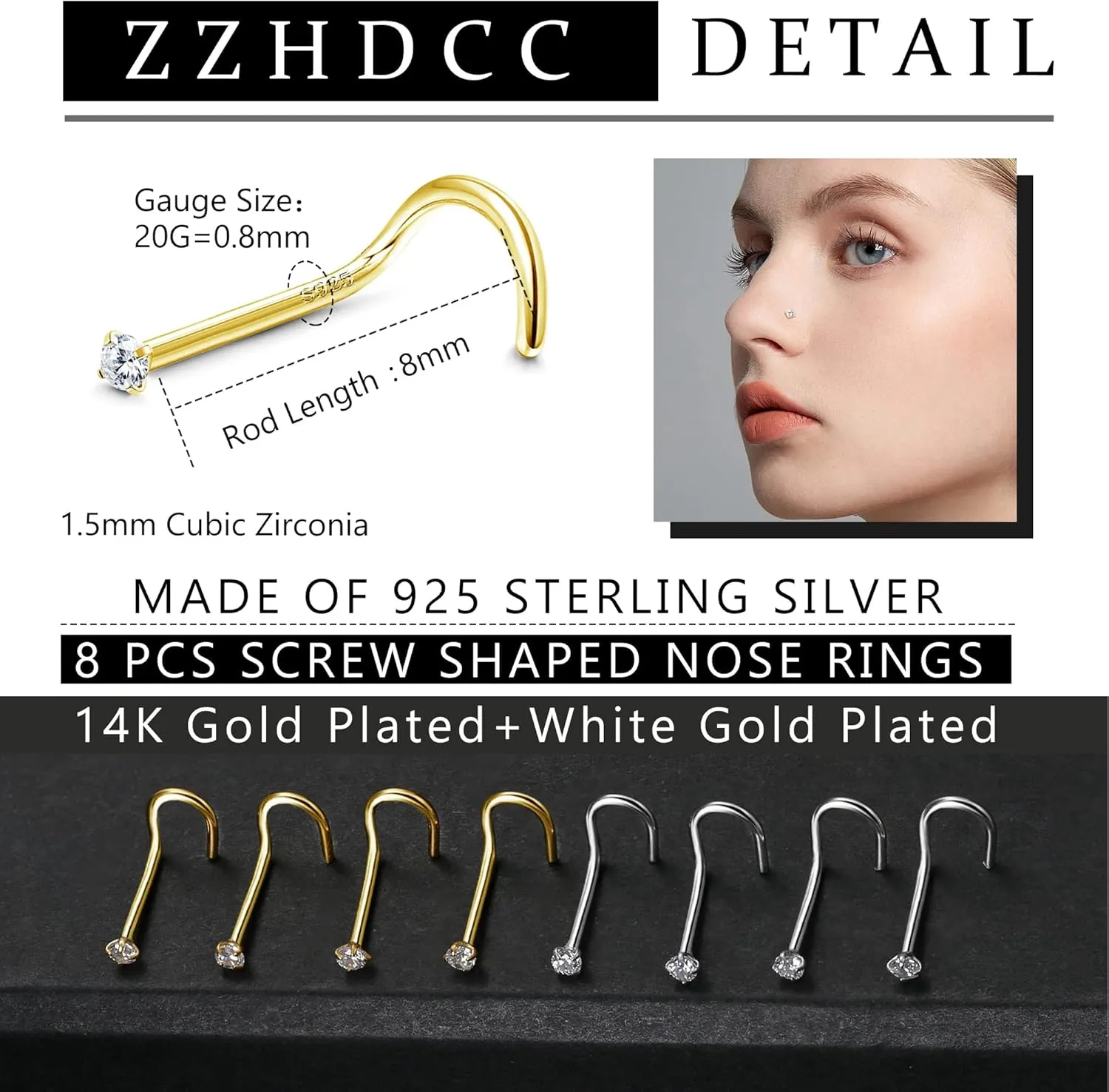 1.5mm CZ Tiny Nose Rings L Shaped 20G Nose Ring for Women Men 925 Sterling Silver Nose Stud 14K Gold Plated Nose Piercing Jewelry Nostril Small Nose Ring Set 8Pcs