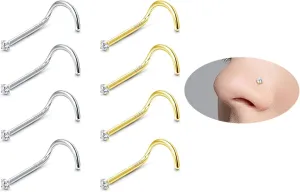 1.5mm CZ Tiny Nose Rings L Shaped 20G Nose Ring for Women Men 925 Sterling Silver Nose Stud 14K Gold Plated Nose Piercing Jewelry Nostril Small Nose Ring Set 8Pcs