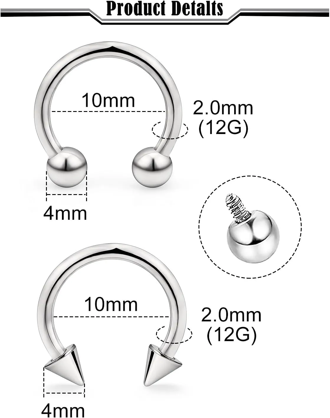 16G 14G 12G G23 Titanium Septum Rings Implant Grade Septum Piercings Horseshoes Lip Eyebrow Nose Ring Medical Cartilage Tragus Helix Rook Hoop Earring Piercing Jewelry for Women Men 8mm 10mm
