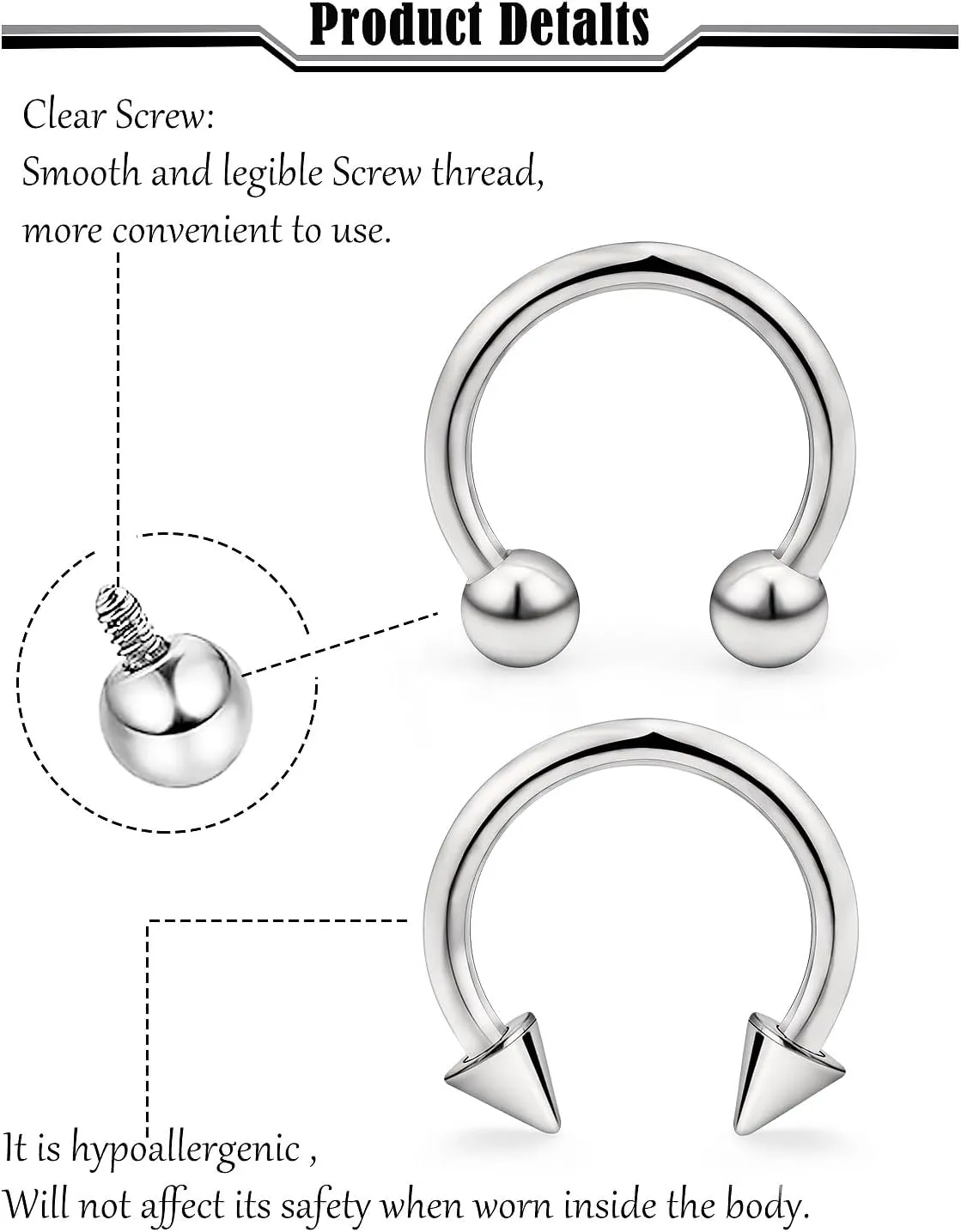 16G 14G 12G G23 Titanium Septum Rings Implant Grade Septum Piercings Horseshoes Lip Eyebrow Nose Ring Medical Cartilage Tragus Helix Rook Hoop Earring Piercing Jewelry for Women Men 8mm 10mm