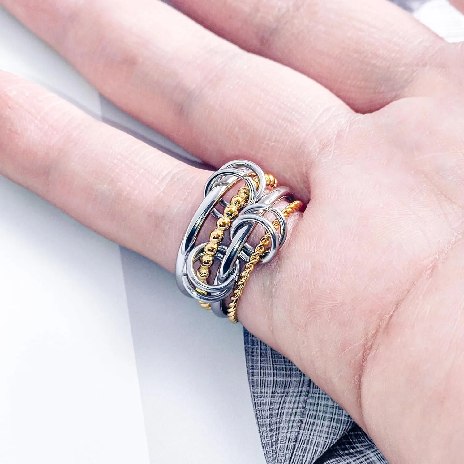 18k Gold Plated Interlocked Stackable Rings for Women Silver Gold Twisted 4 Rings Set Non Tarnish Multi-Link Connected Ring Jewelry Gifts and Mother's Day