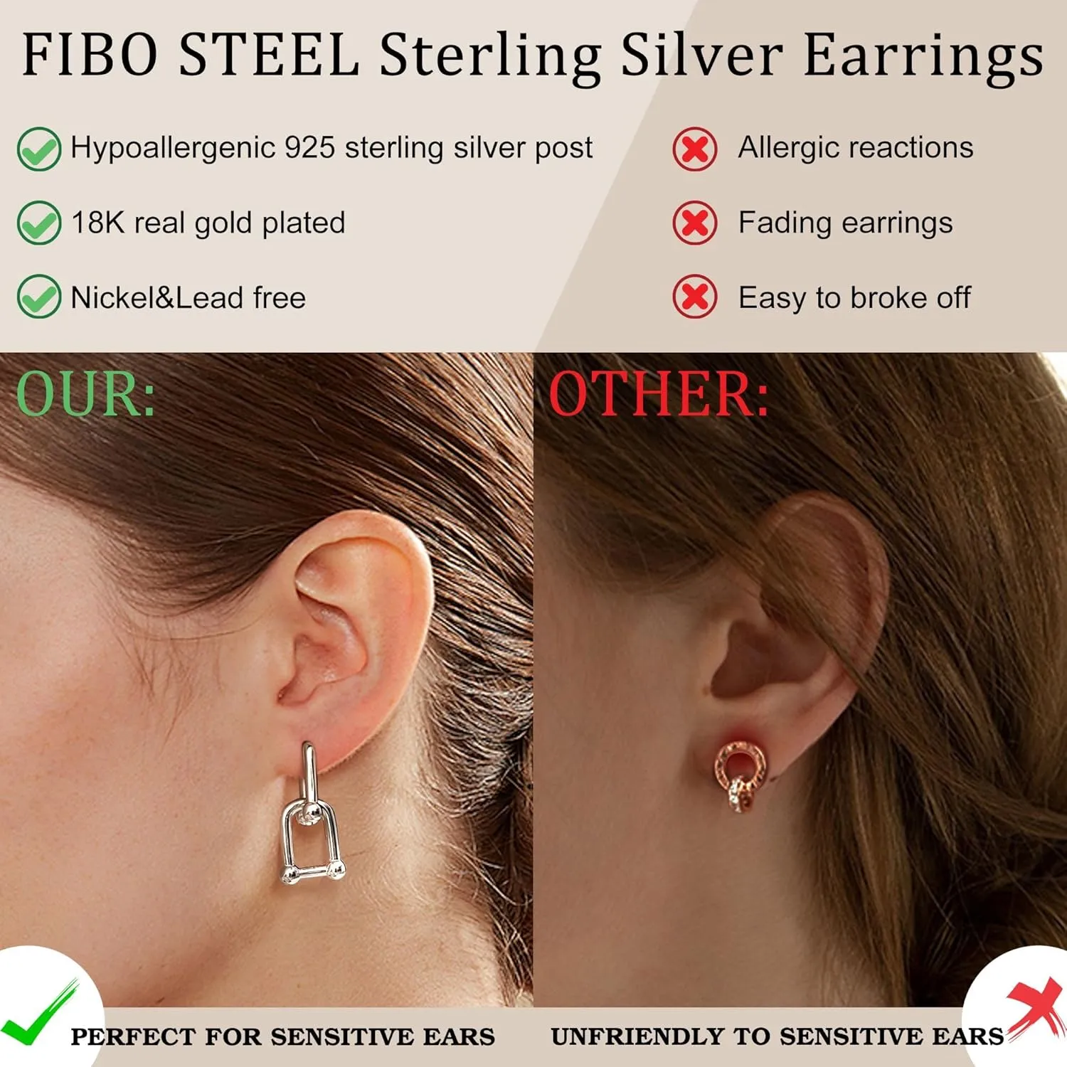 18K Gold Plated Two Tone Gold Silver Hoop Earrings for Women Hypoallergenic - 925 Sterling Silver Drop Dangle Paperclip Huggie Hoop Earrings - Chain Link Dangle Earrings Jewelry
