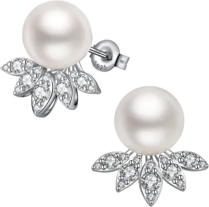 18K White Gold Plated Pearl Earrings for Women, 925 Sterling Silver Cubic Zirconia Diamond Pearl Stud Earrings White and Gray Pearl Jewelry 10MM-12MM, Pearl Jewelry Gift for Women