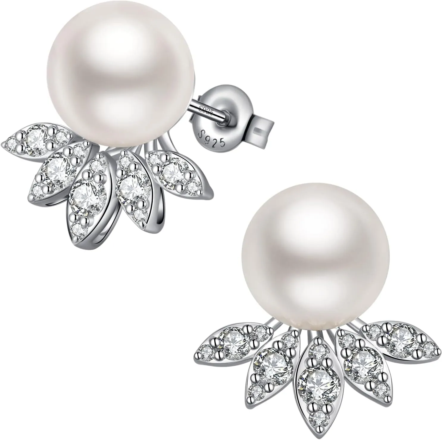 18K White Gold Plated Pearl Earrings for Women, 925 Sterling Silver Cubic Zirconia Diamond Pearl Stud Earrings White and Gray Pearl Jewelry 10MM-12MM, Pearl Jewelry Gift for Women