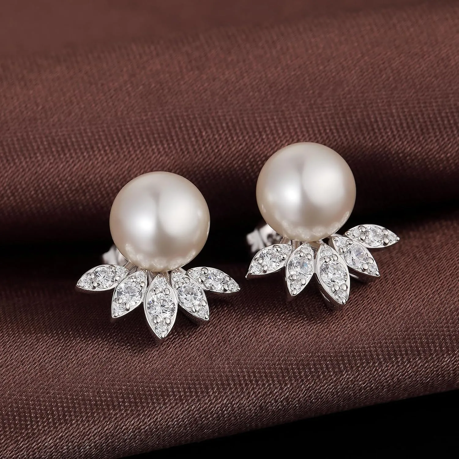 18K White Gold Plated Pearl Earrings for Women, 925 Sterling Silver Cubic Zirconia Diamond Pearl Stud Earrings White and Gray Pearl Jewelry 10MM-12MM, Pearl Jewelry Gift for Women