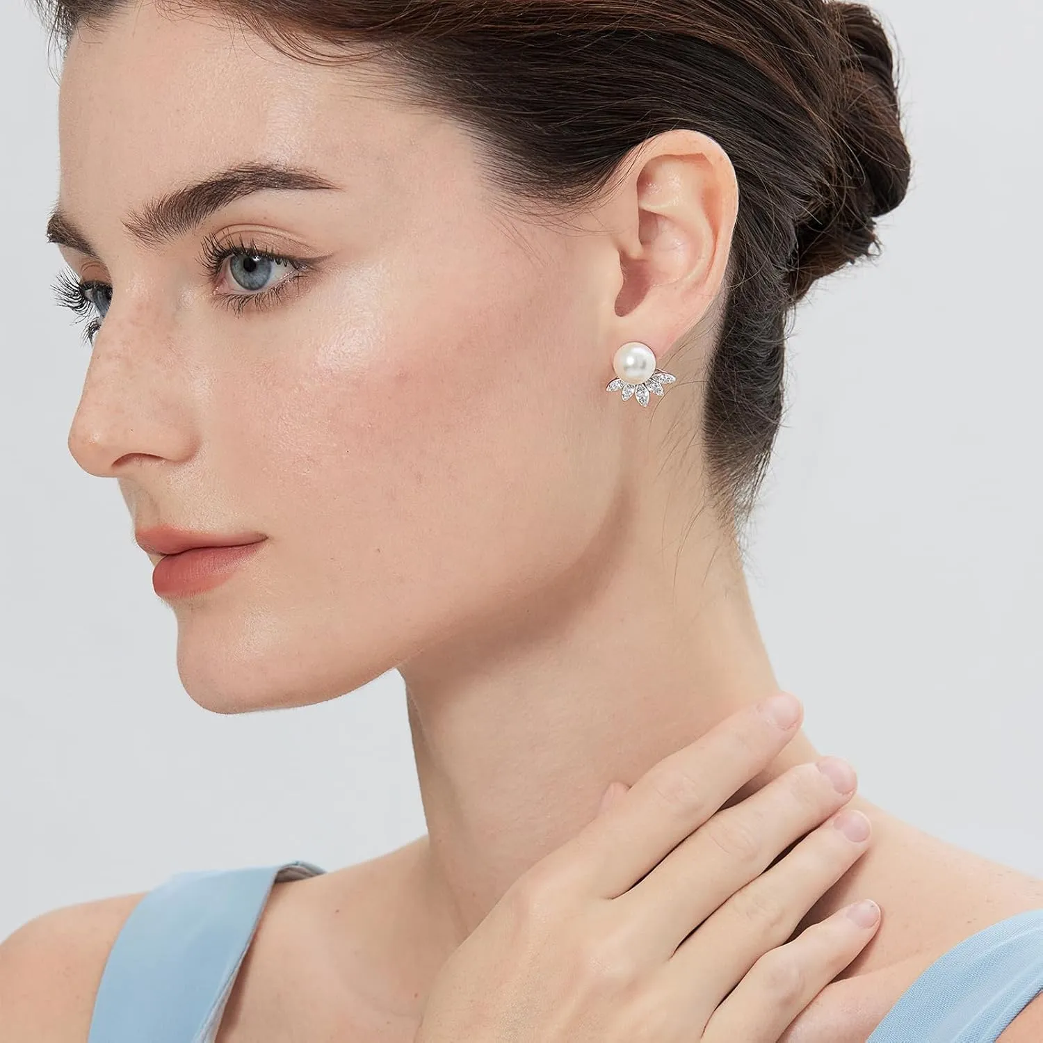 18K White Gold Plated Pearl Earrings for Women, 925 Sterling Silver Cubic Zirconia Diamond Pearl Stud Earrings White and Gray Pearl Jewelry 10MM-12MM, Pearl Jewelry Gift for Women