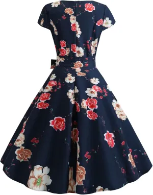 1950s Dresses for Women Vintage 2024 Graphic Cap Sleeve Swing A-Line Midi Dresses Rockabilly Garden Party Dress