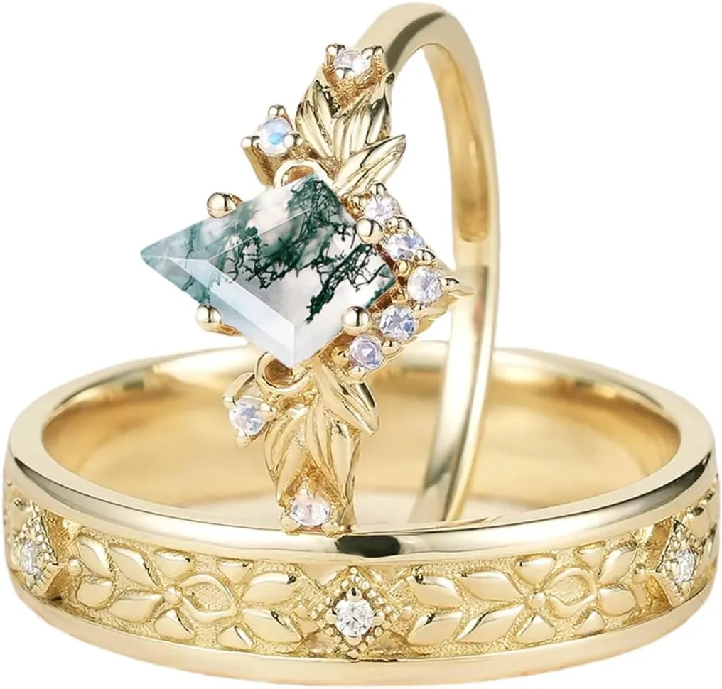 1CT Kite Cut Natural Moss Agate Matching Rings for Couples - S925 10K 14K 18K Gold Moss Agate Wedding & Promise Rings Set (2pcs)