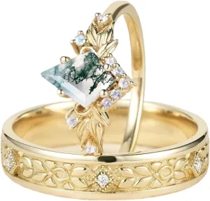 1CT Kite Cut Natural Moss Agate Matching Rings for Couples - S925 10K 14K 18K Gold Moss Agate Wedding & Promise Rings Set (2pcs)