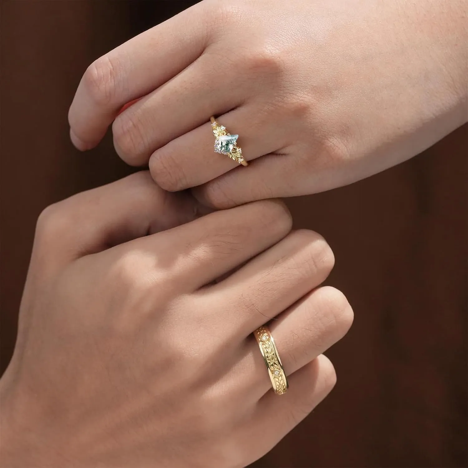 1CT Kite Cut Natural Moss Agate Matching Rings for Couples - S925 10K 14K 18K Gold Moss Agate Wedding & Promise Rings Set (2pcs)