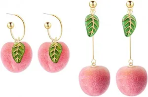 2 Pairs Set Cute Creative Super Lightweight Lifelike Pink Peach With Leaf Dangle Drop Earrings Sets Funny Imtation Charm Fruit Hoop Earrings Jewelry Gifts for Women Girls