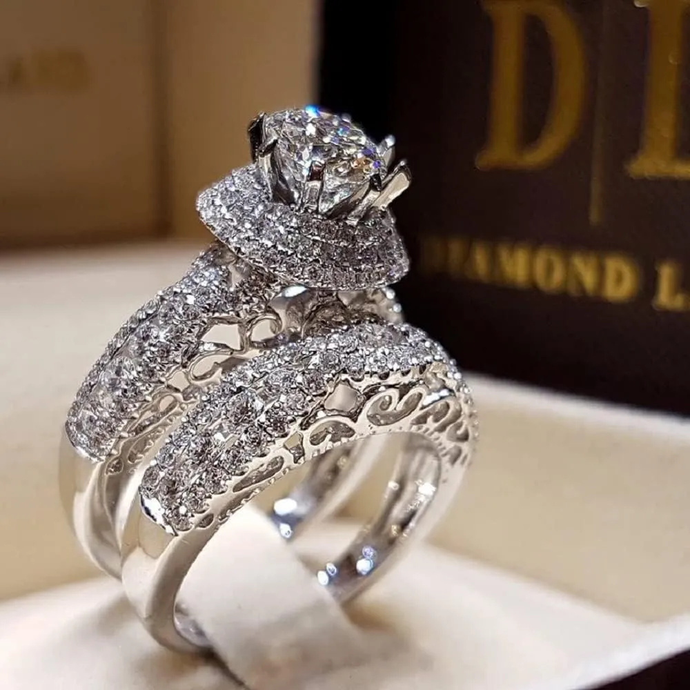 2 Pcs High Luxury Jewelry Fashion 925 Sterling Silver Wedding Ring Set Eternal Love Collection Anniversary AAA Cubic Zirconia Solitaire Rings CZ Eternity Engagement Wedding Band