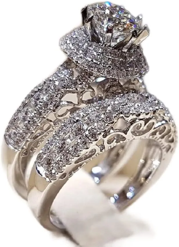 2 Pcs High Luxury Jewelry Fashion 925 Sterling Silver Wedding Ring Set Eternal Love Collection Anniversary AAA Cubic Zirconia Solitaire Rings CZ Eternity Engagement Wedding Band