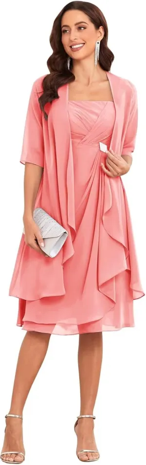 2 Piece Mother of The Bride Dresses for Wedding with Jacket Ruffle Formal Dress Chiffon Evening Gown for Women