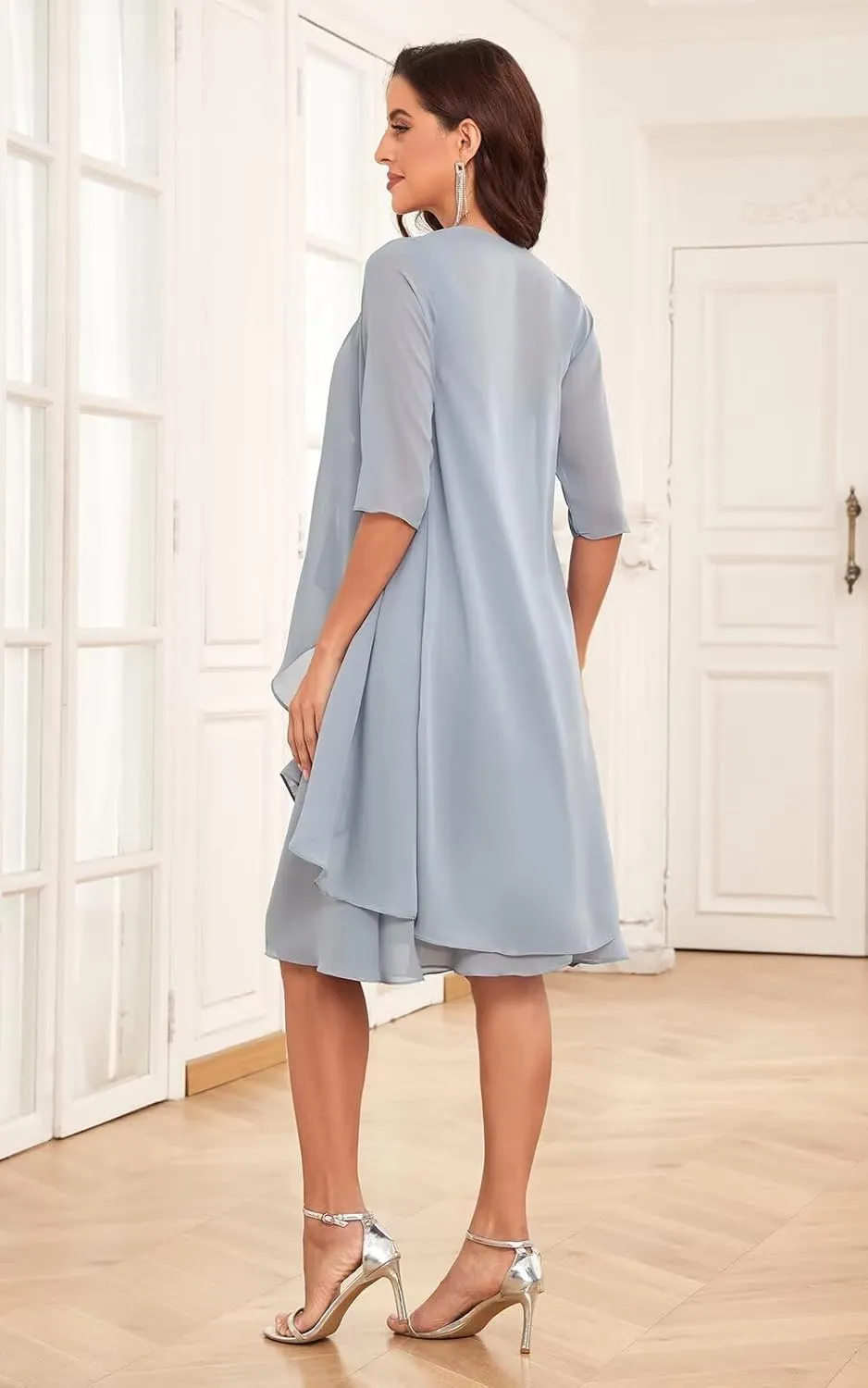 2 Piece Mother of The Bride Dresses for Wedding with Jacket Ruffle Formal Dress Chiffon Evening Gown for Women