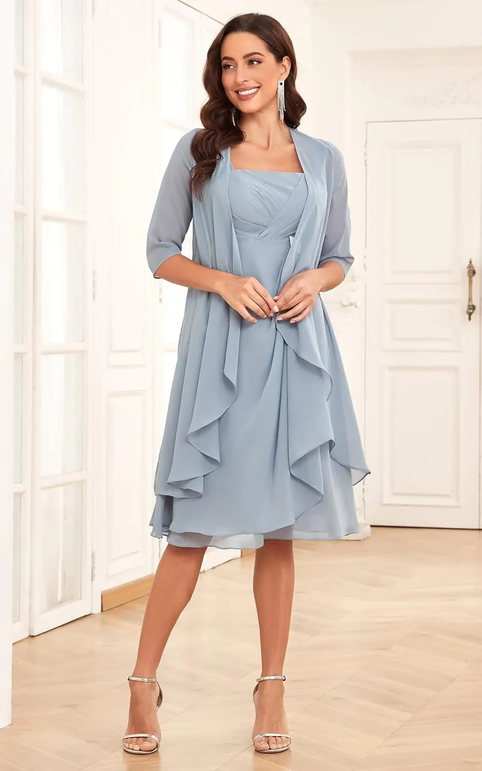 2 Piece Mother of The Bride Dresses for Wedding with Jacket Ruffle Formal Dress Chiffon Evening Gown for Women