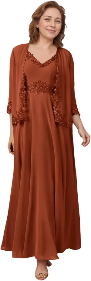 2 Piece Mother of The Bride Dresses Lace Chiffon V Neck Grandmother of The Groom Dresses