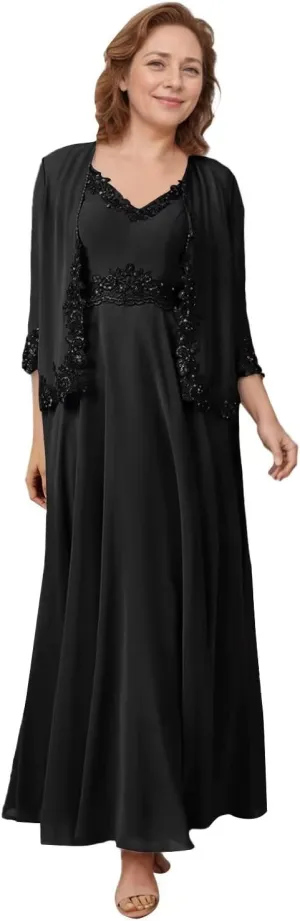 2 Piece Mother of The Bride Dresses Lace Chiffon V Neck Grandmother of The Groom Dresses