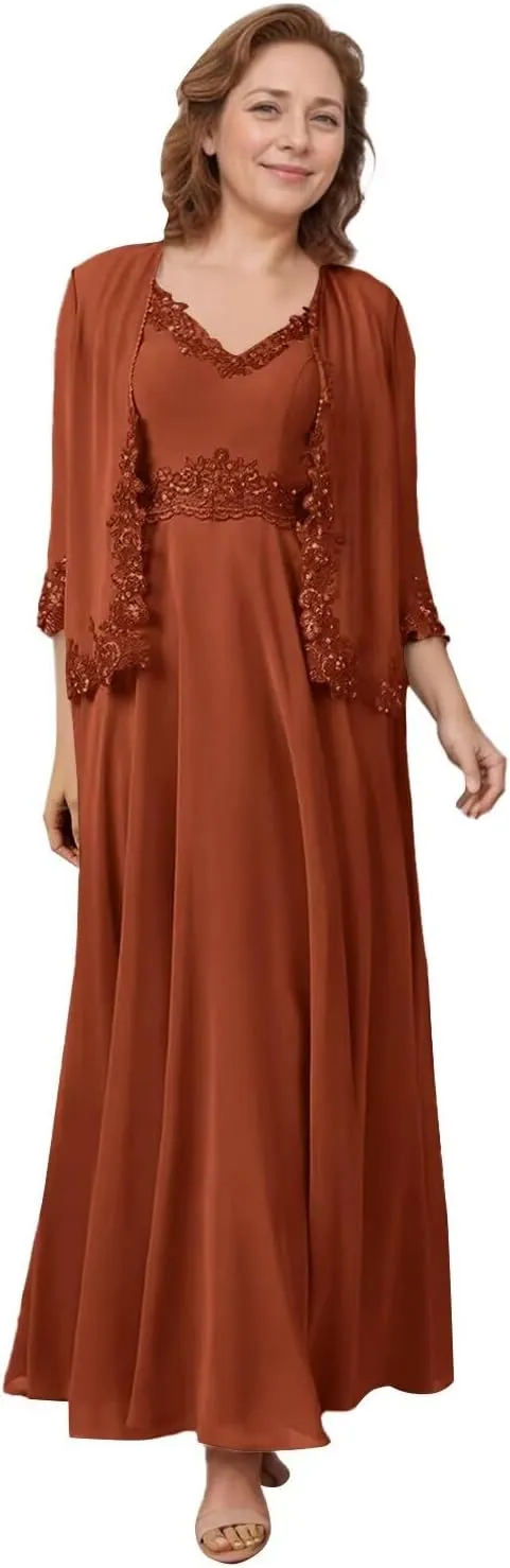 2 Piece Mother of The Bride Dresses Lace Chiffon V Neck Grandmother of The Groom Dresses