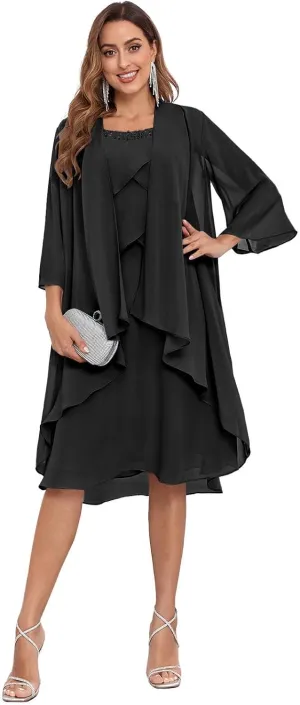 2 Piece Mother of The Bride Dresses with Jacket Tiered 3/4 Sleeve Knee Length Chiffon Beaded Formal Dress