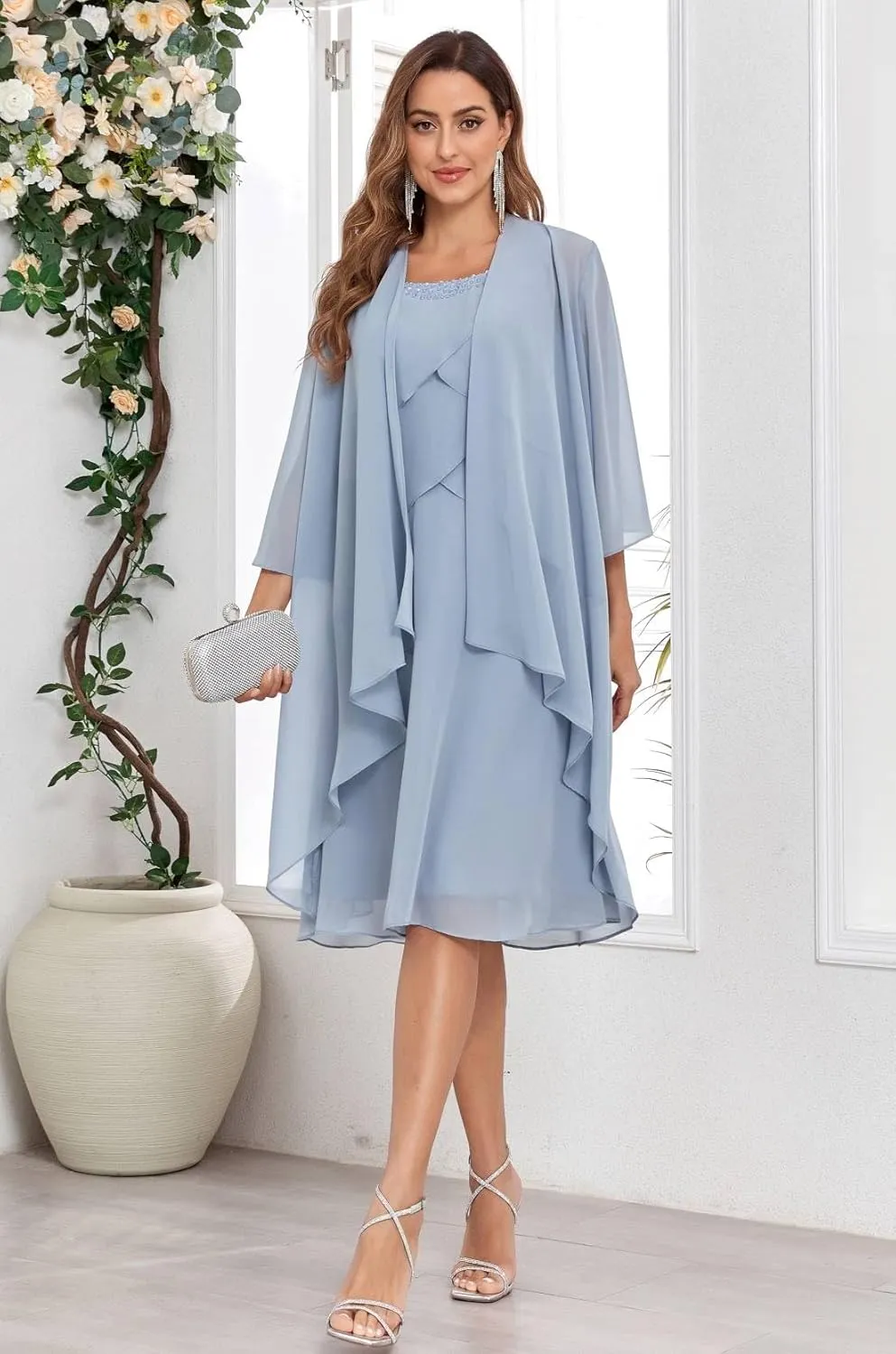 2 Piece Mother of The Bride Dresses with Jacket Tiered 3/4 Sleeve Knee Length Chiffon Beaded Formal Dress