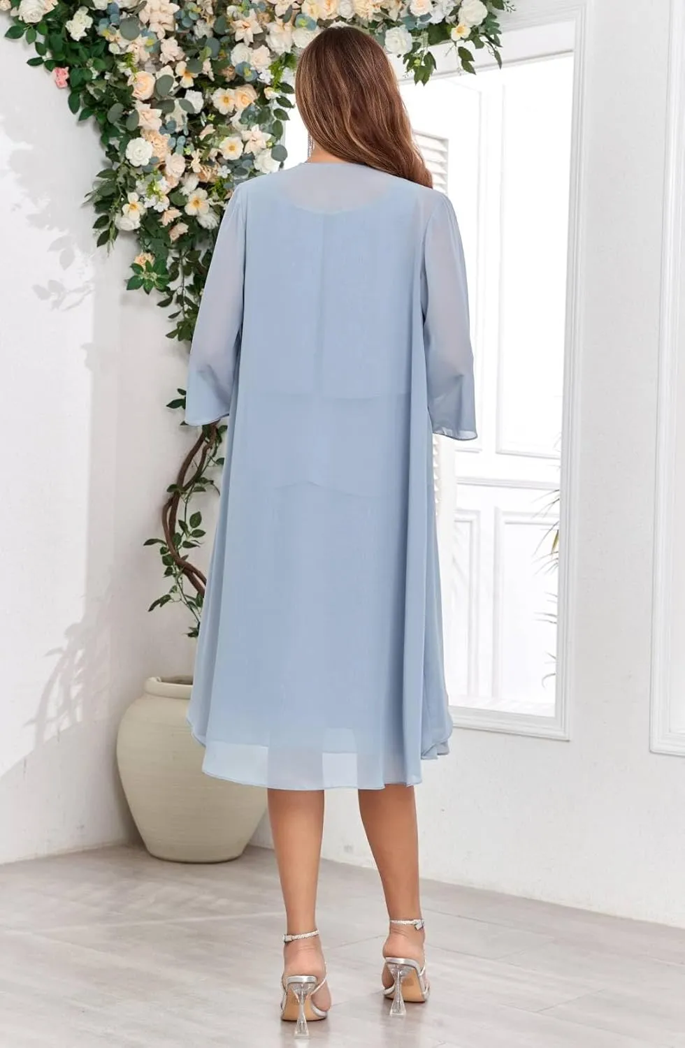 2 Piece Mother of The Bride Dresses with Jacket Tiered 3/4 Sleeve Knee Length Chiffon Beaded Formal Dress
