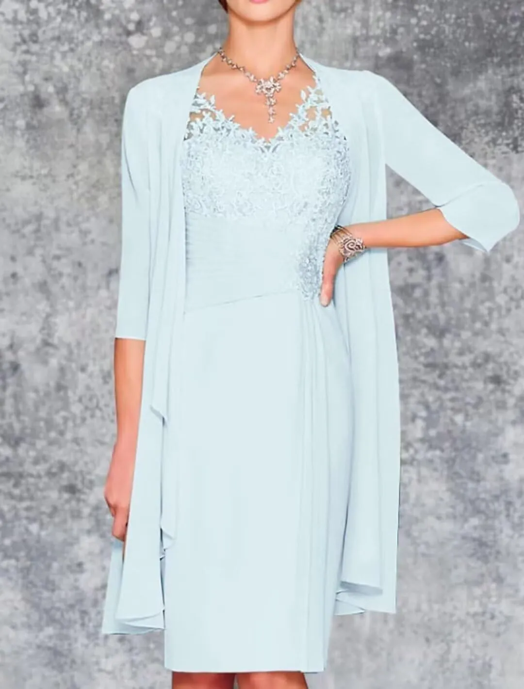 2 Pieces Chiffon Mother of The Bride Dresses with Jacket Long Sleeve Tea Length Lace Formal Evening Gowns PG014