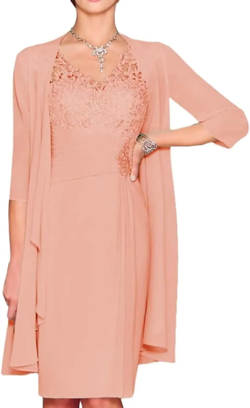2 Pieces Chiffon Mother of The Bride Dresses with Jacket Long Sleeve Tea Length Lace Formal Evening Gowns PG014