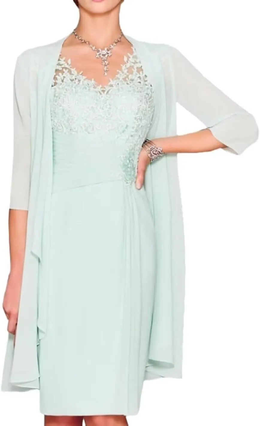 2 Pieces Chiffon Mother of The Bride Dresses with Jacket Long Sleeve Tea Length Lace Formal Evening Gowns PG014