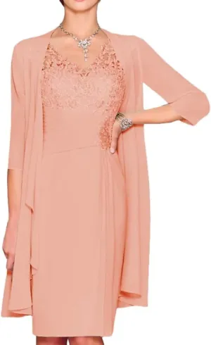 2 Pieces Chiffon Mother of The Bride Dresses with Jacket Long Sleeve Tea Length Lace Formal Evening Gowns PG014