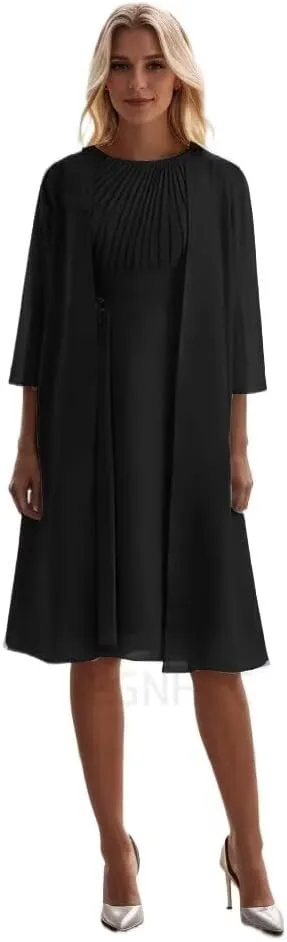 2 Pieces Mother of The Bride Dresses for Wedding Tea Length Chiffon Formal Evening Dresses with Jacket