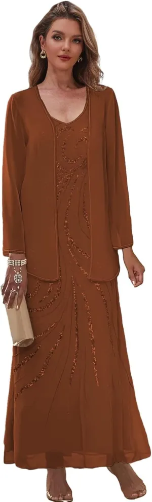 2 Pieces Mother of The Bride Dresses with Jacket Chiffon Wedding Party Dress for Women Sequin Formal Gown