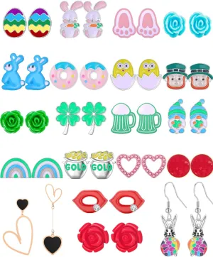 20 Pairs Valentine's Day St Patrick's Day Easter Hypoallergenic Drop Stud Earrings Bulk for Girls Women Clover Shamrock Green Hat Easter Eggs Bunny Earrings Dangle Stud Earrings Set for Teen Girls Women Valentines Day Gifts, Easter