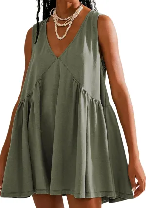 2024 Women Summer Sleeveless Mini Short Dresses V Neck Casual Loose Beach Sundress with Pockets