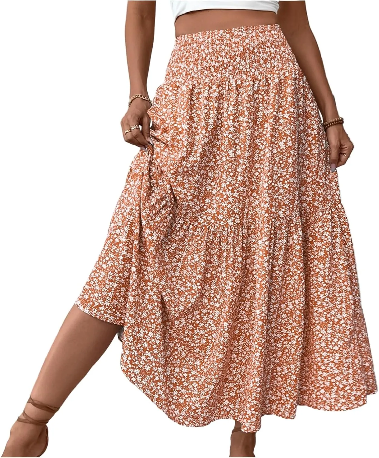 2025 Summer Women's Floral Print Midi Maxi Skirts Casual High Waist A Line Dressy Swing Flowy Long Skirt